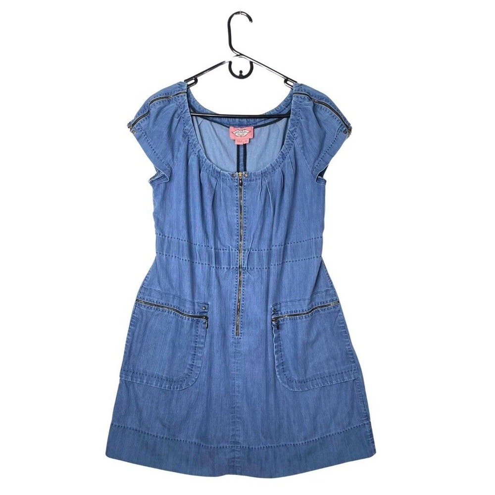Phoebe Couture Blue Denim Mini Dress Size 12 Zip Front Pockets Western Indie Y2K